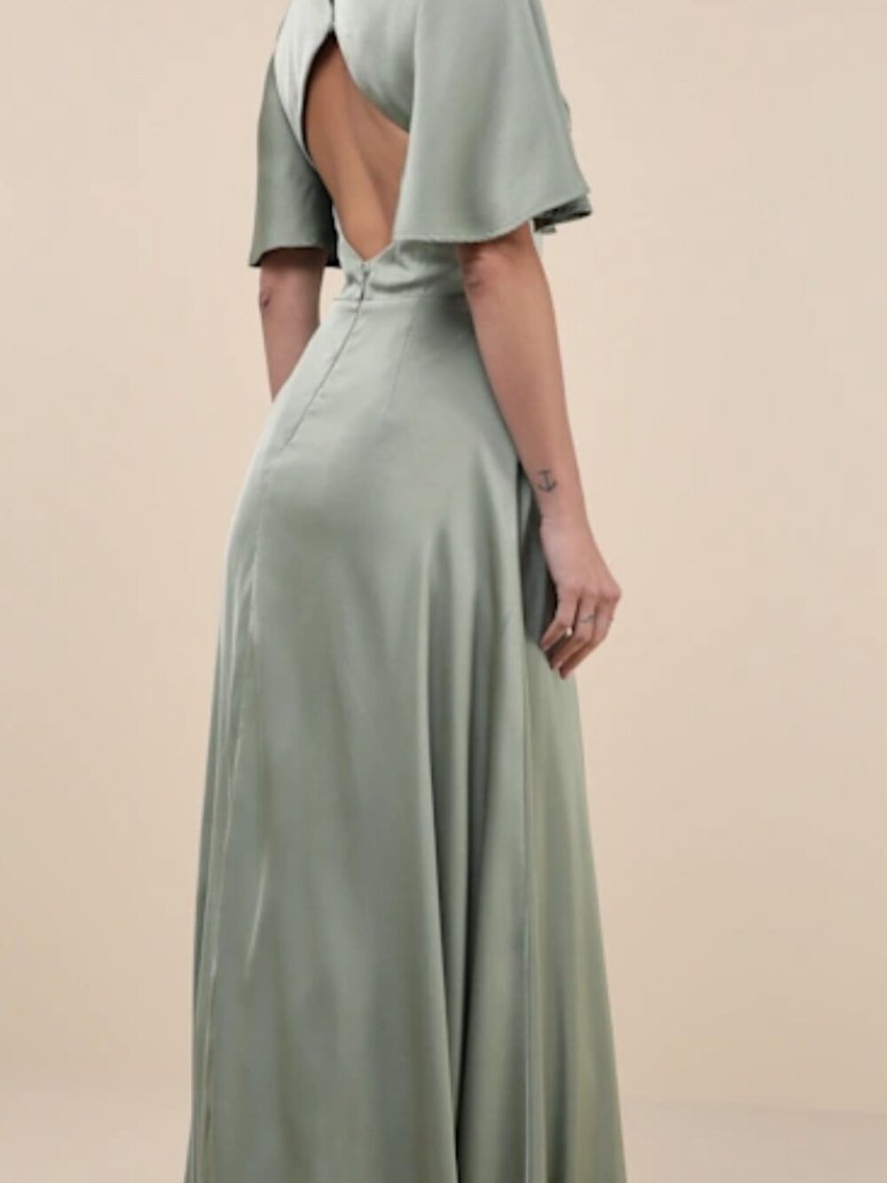 Lulus Elegant Confidence Sage Satin Flutter Sleeve Cutout Maxi Dress Green - Picture 2 of 3